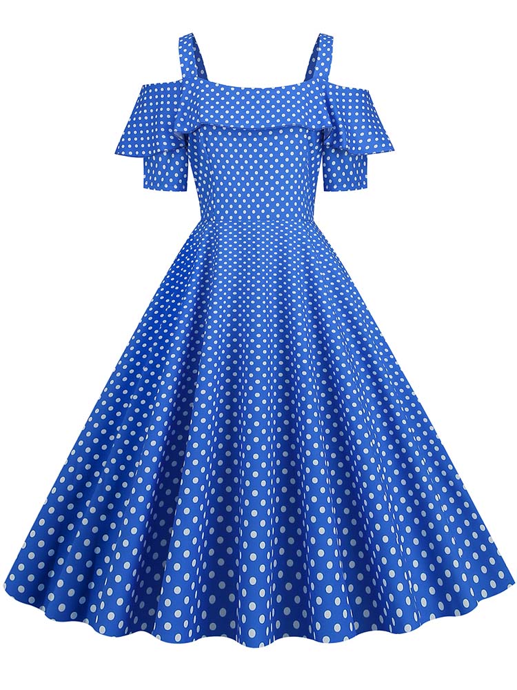 Vestido de Vintage con hombros descubiertos, vestidos Midi de línea A con volantes y lunares de verano para mujer: S / Verde
