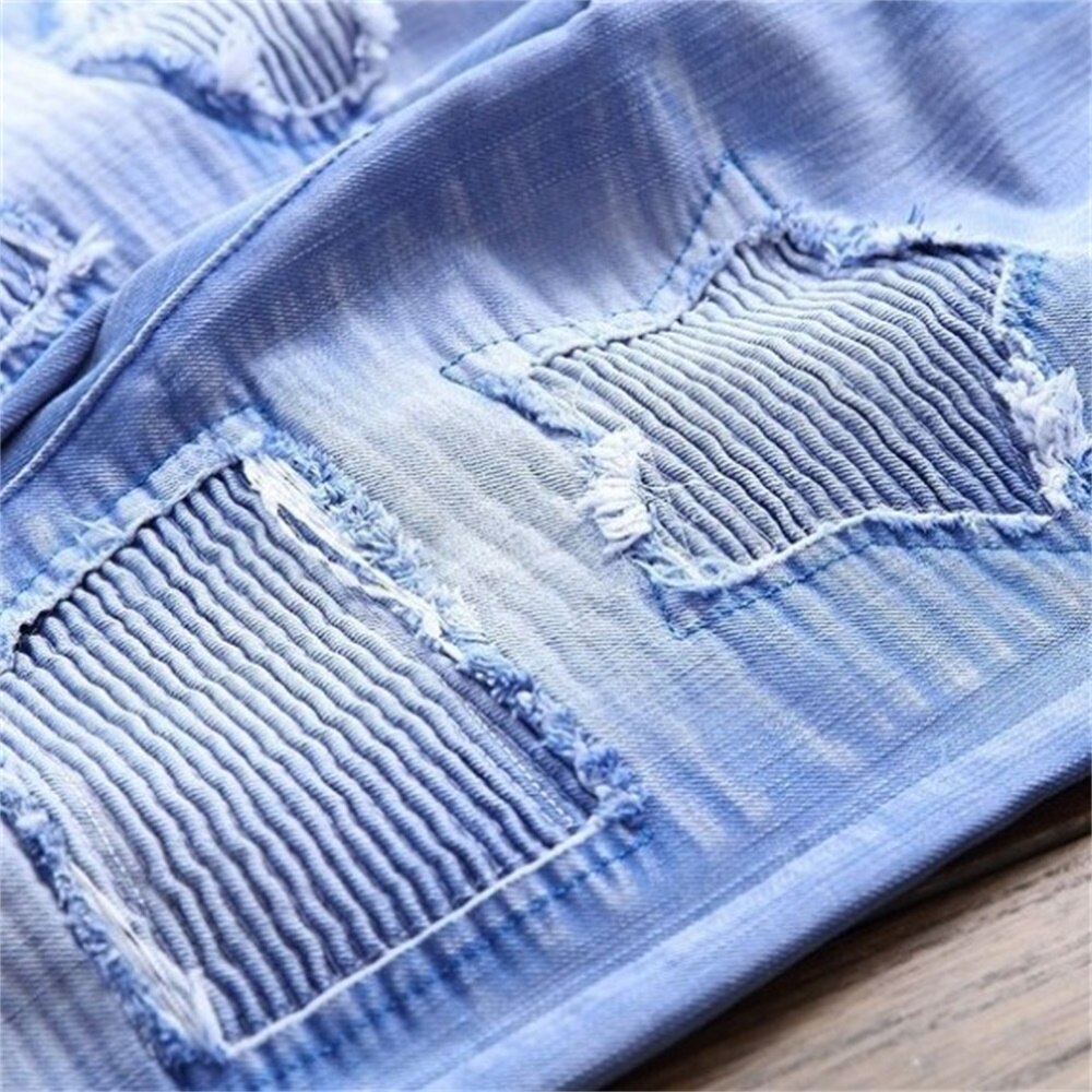 Eh · md® hoog elastische gebleekte blauwe jeans heren golvende gerimpelde gaten patch katoen zacht kleine rechte high street slanke broek