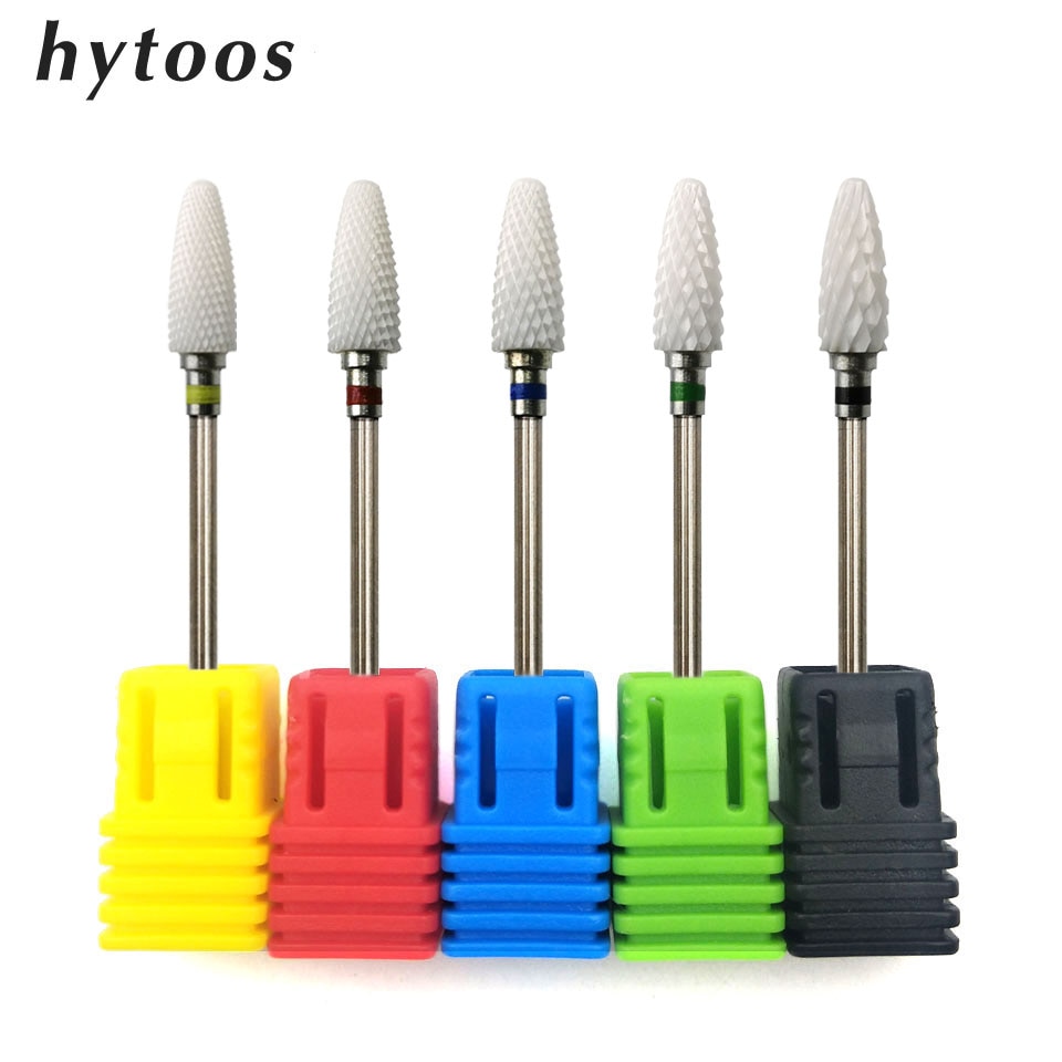 Brocas para uñas de cerámica blanca con llama de HYTOOS brocas para manicura de rebabas de cerámica rotativas de 3/32 "para taladrar uñas herramientas eléctricas