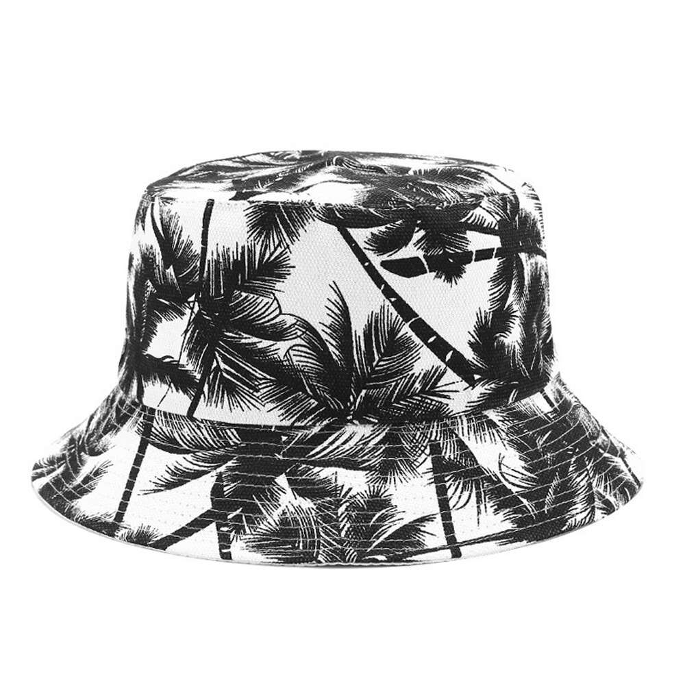 Unisex Summer Reversible Black White Coconut Tree Printed Fisherman Caps Bucket Hats Gorro Pescador Men Women