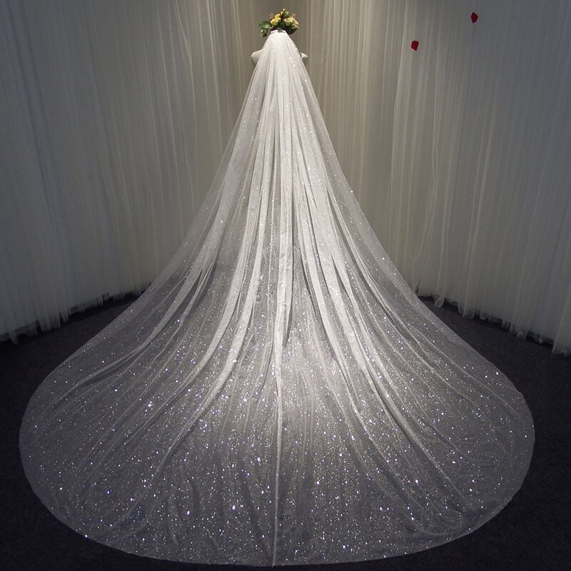 Sparkly Bling Bling Bridal Wedding Veils White Ivory Champagne Gold Long Cathedral Fireworks Sequined Veil With Comb 3X3.5Meters: Photo Color-White