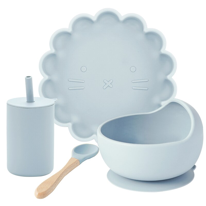 Juego de comida de entrenamiento para niños, cuenco de alimentación para bebé, plato de succión vajilla de silicona de grado alimenticio, taza de paja, artículos para bebé, 4 Uds.: 006A-grey blue