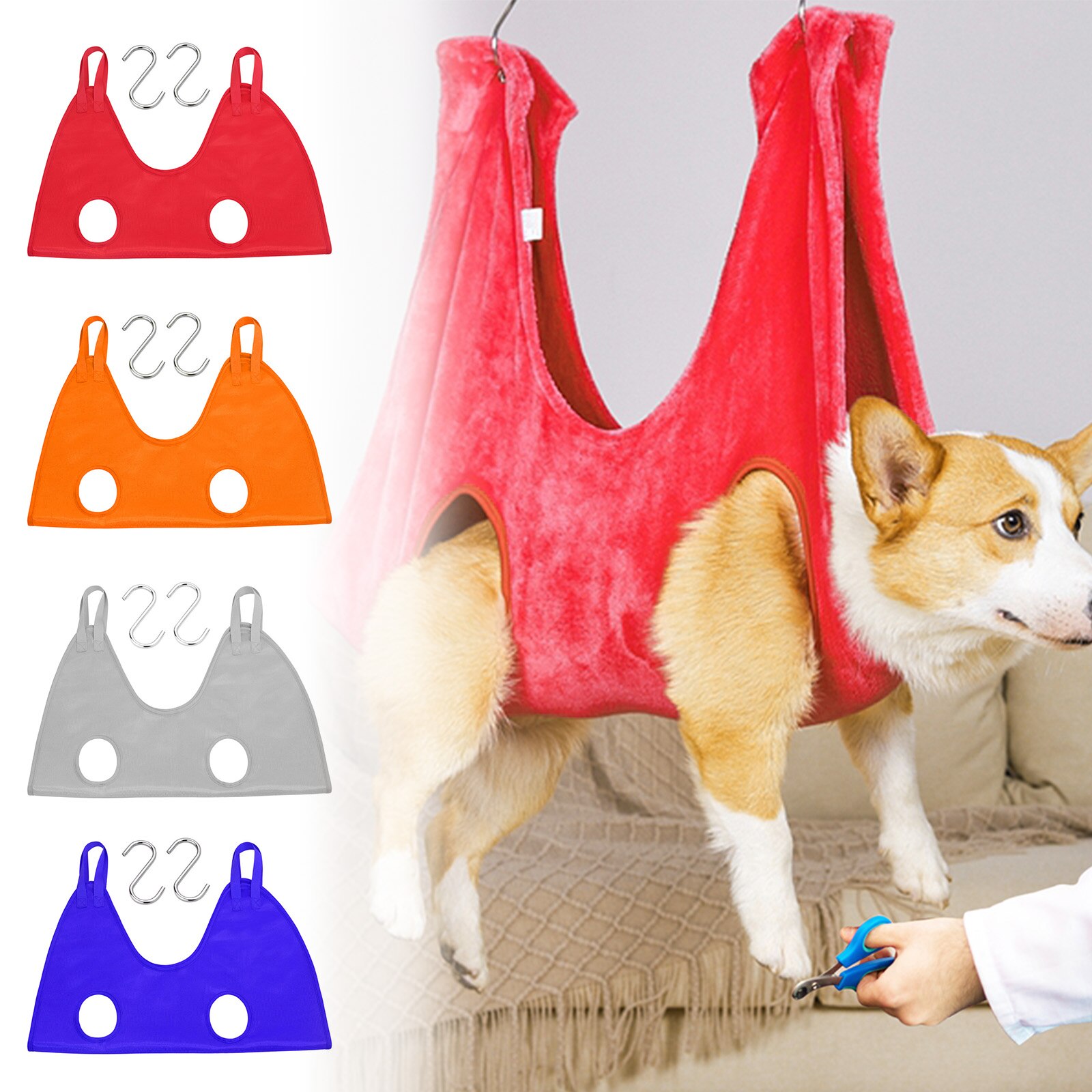 Dog Cat Hammock Helper Soft Flannel Pet Grooming Hammocks Restraint Bag Harness for Nail Clip Trimming Bathing with 2 Hook