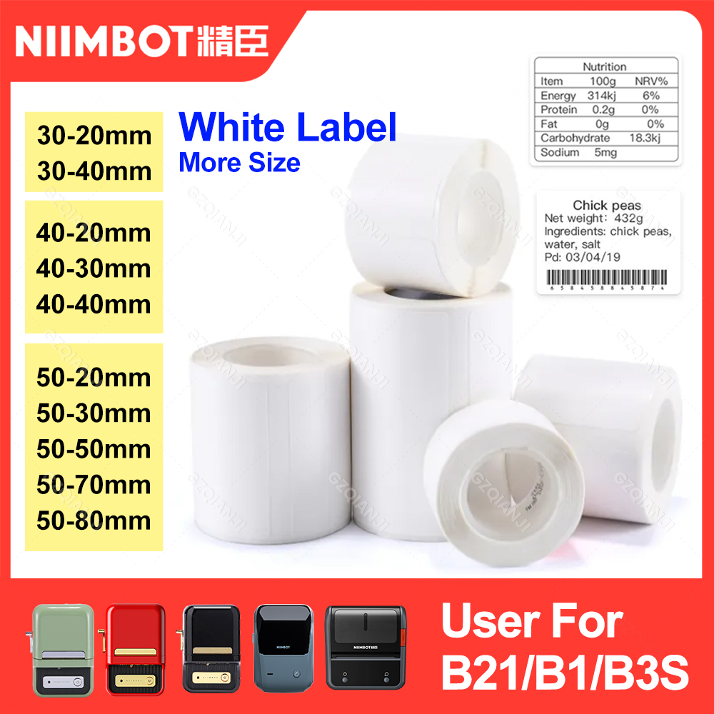 30-50mm Niimbot B21 B1 B3S imprimante étiquette papier rouleau blanc autocollant impression papiers rouleaux anti-déchirure eau résistant à l'huile adhésif