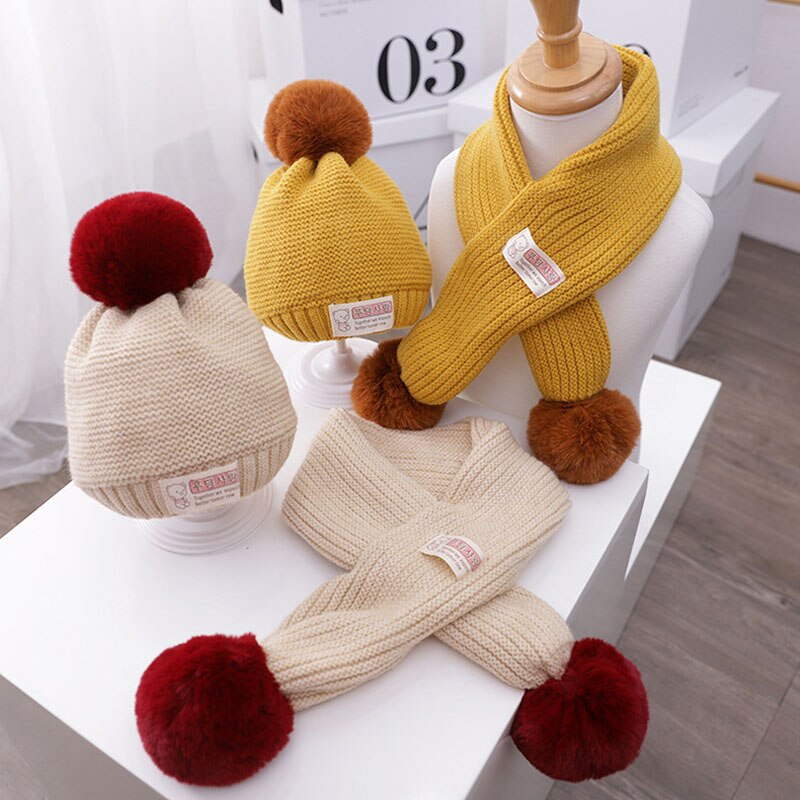 Doitbest 1 to 4 år gamla baby barn mössa hår boll enfärgad 2 st pojkar flickor vinter stickad hatt halsduk set