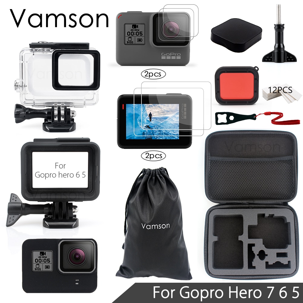 Vamson voor Gopro hero 7 6 5 Accessoires Set Sreen Portector/Lens protector Waterdichte Behuizing case voor Go pro hero 6 5 VS05C