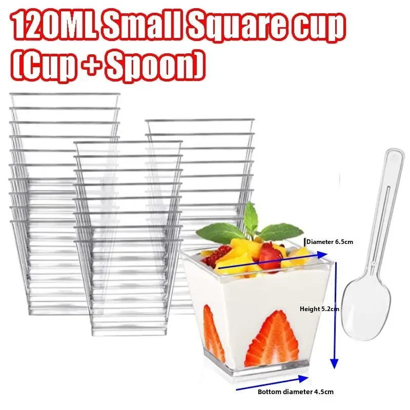 Wielorazowe kwadratowe plastikowe kubeczki na desery z łyżeczkami Przezroczyste kieliszki na przekąnarty mini kieliszki na smakołyki robić degustacji słodkości: Srebrny / 1 szt