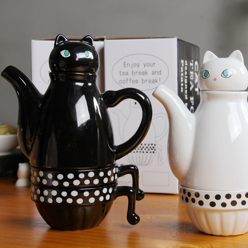 Teteras de gatos japoneses, juegos de café bonitos, tetera creativa de dibujos animados, Taza de cerámica para el hogar, tazas de leche, tetera japonesa, 1 tetera, 2 tazas
