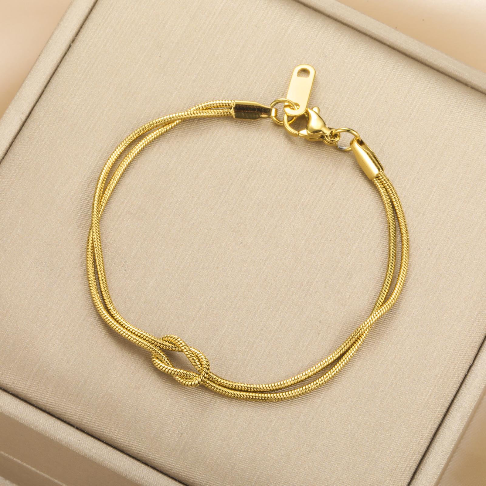 Pulseira Dupla Corrente de Cobra Nó de Amor Aço Inoxidável Cor de Ouro Pulseiras Ajustáveis Mulheres Homens Casal Jóias Minimalistas