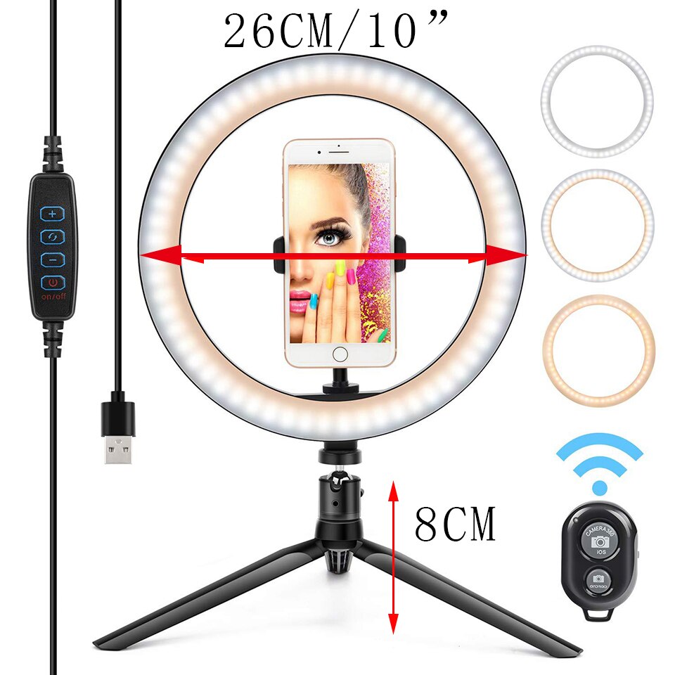 Mikrofon 26CM Fotografie Beleuchtung Ringlight Stativ Foto Led Selfie Bluetooth remote Ring Licht Telefon Lampe Live: Rosa