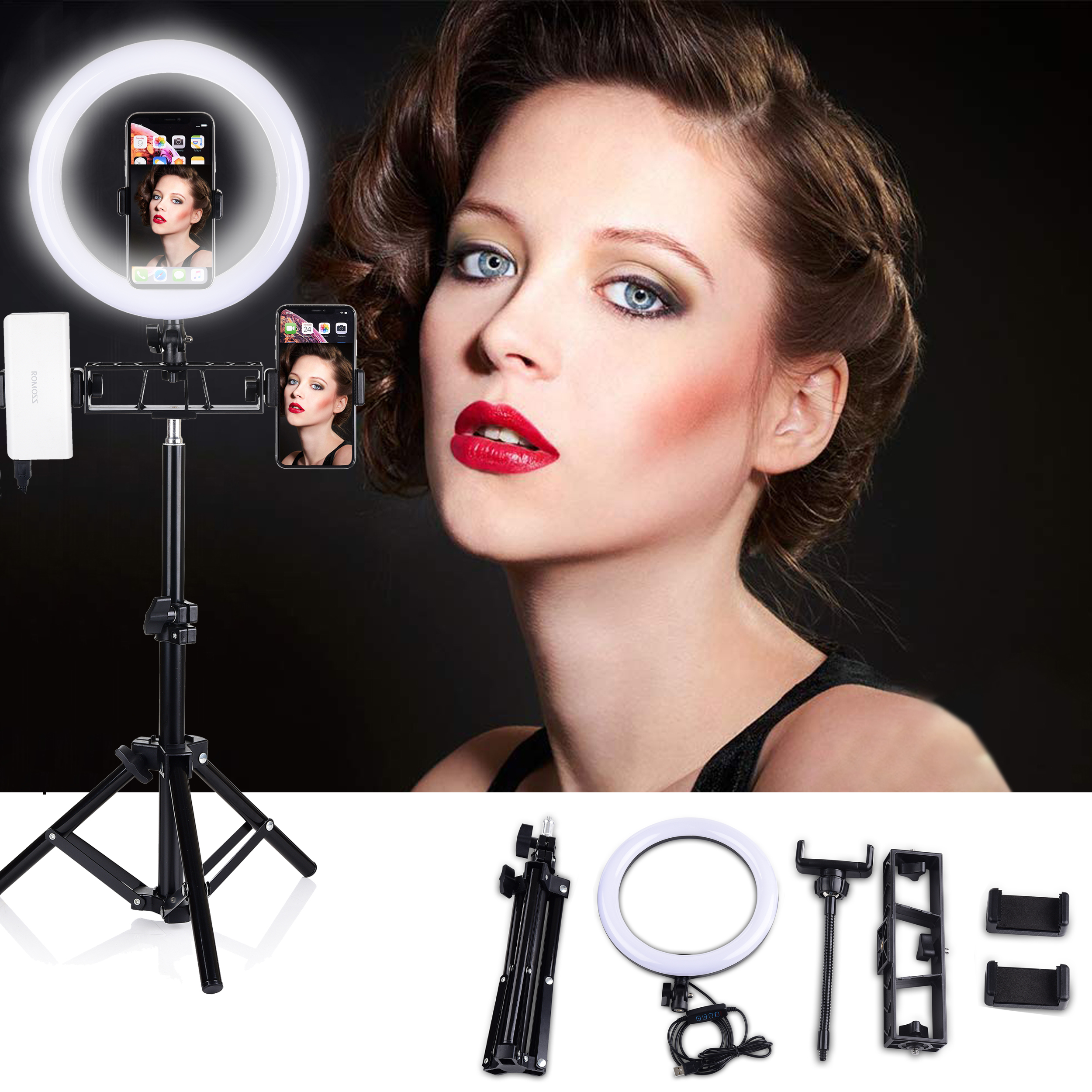 LED Ring Light with Bluetooth 10''/6'' Dimmable Kit 3200-5600K 55CM Tripod for Tik Tok Vlog Video Shooting Portrait