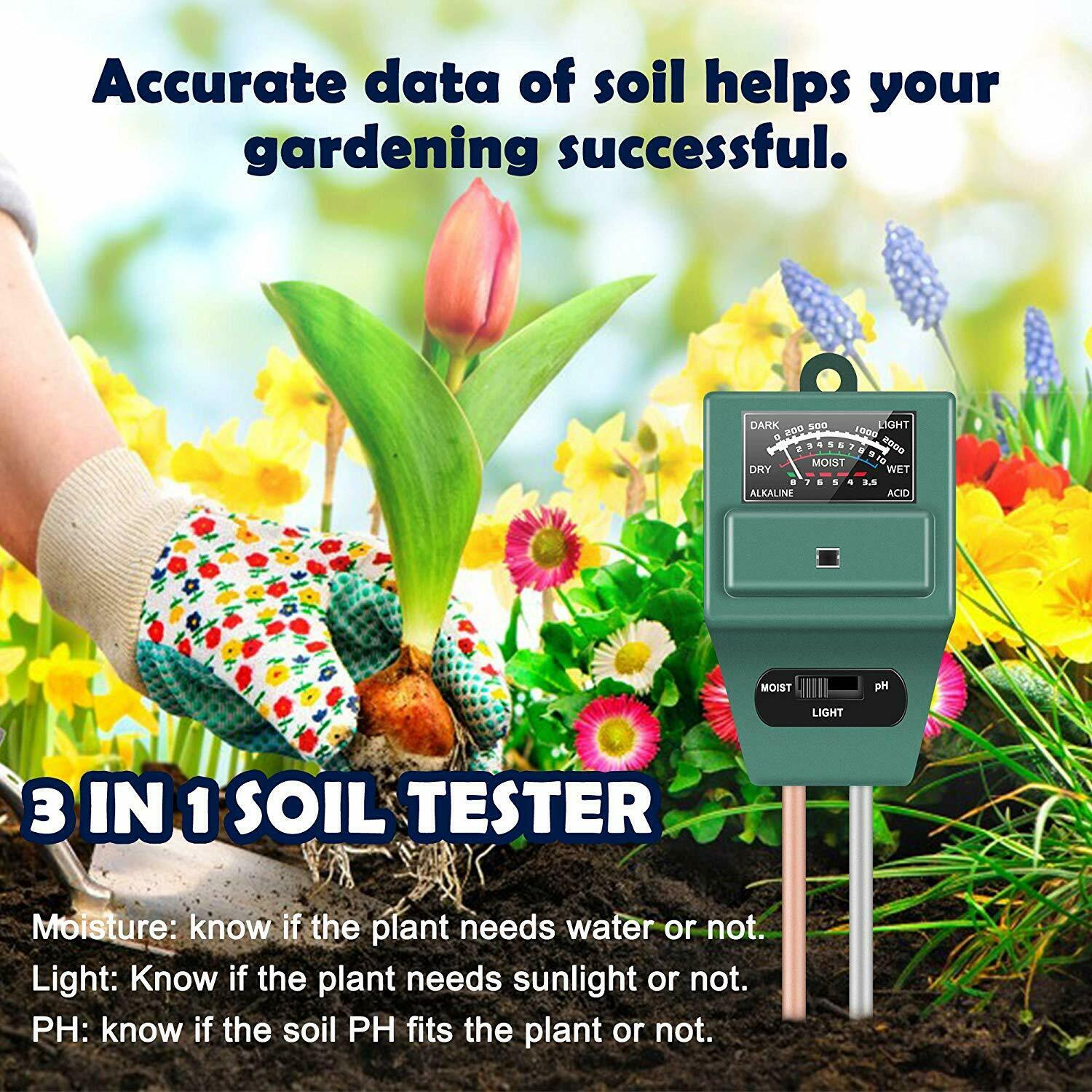 PH Soil Tester Soil Moisture Meter Monitor Sunlight Temp Testers Acidity Alkali Test Tool Garden Plant Thermometer Hygrometer: 3 in 1 tester-1
