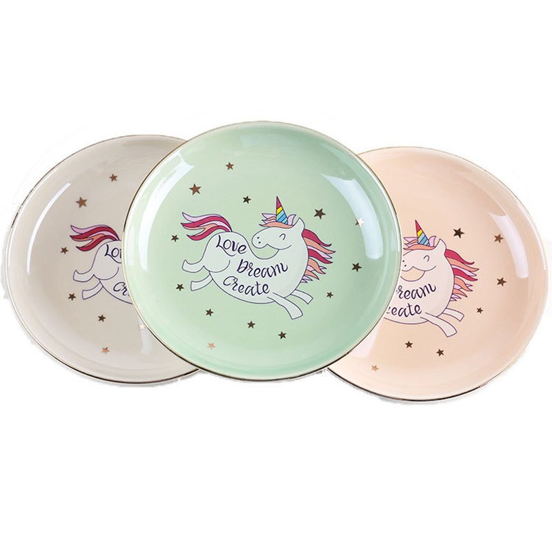 Unicórnio Dos Desenhos Animados Coração-em forma de taças de cerâmica placas de sorvete Decoração Artesanato Jóias prato Lanche prato Lanche bandeja de armazenamento de doces