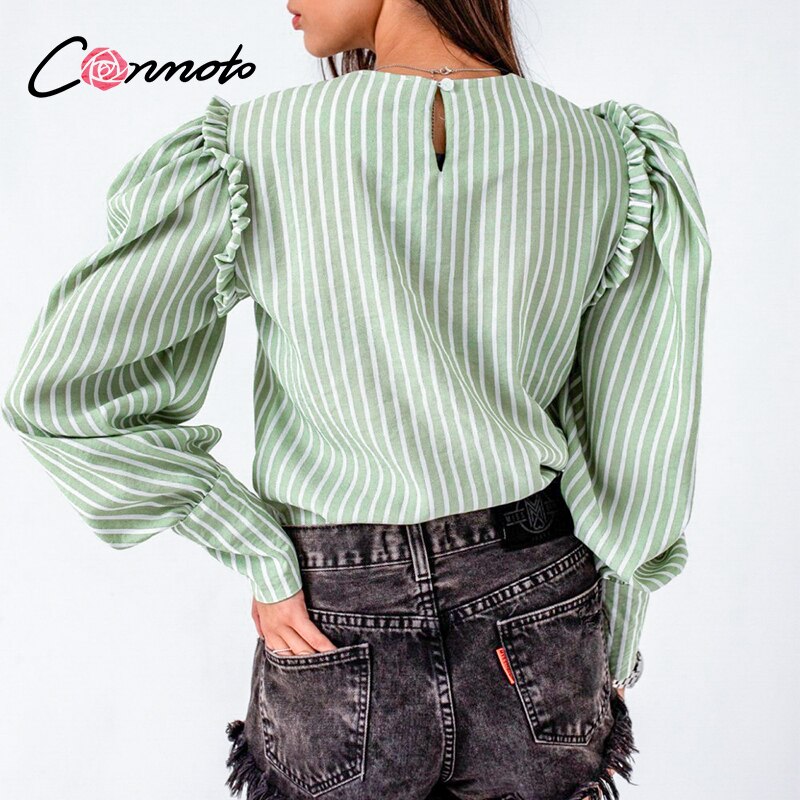 Conmoto lysegrøn efterår vinter kvinder bluse vintage office lady puff langærmet top kausal stripe flæse bluse