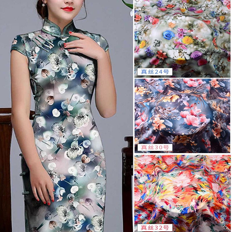 Chinese Zijde Stof Door De Meter Pure Zijde Katoen Hoogwaardige Voor Jurk Bloemen Rok Cheongsam Flower Gedrukt Zachte brocade Naaien