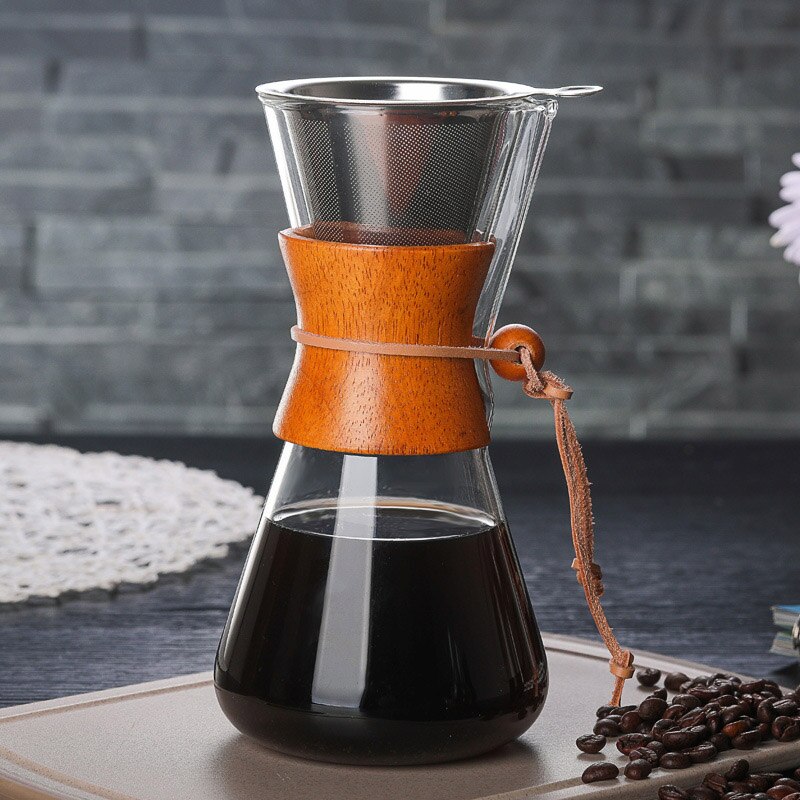 Klassisk glas kaffekanna  v60 droppare med trähandtag häll över kaffebryggare espresso kaffe droppkokare barista verktyg: 600ml med filter