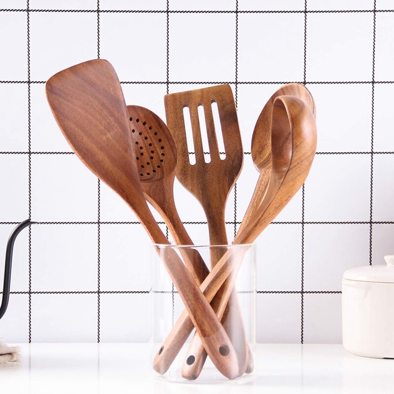Utensílios de cozinha saudáveis conjunto de ferramentas de cozinha de madeira natural antiaderente espátula de madeira dura e colheres-durável eco-friendly e seguro