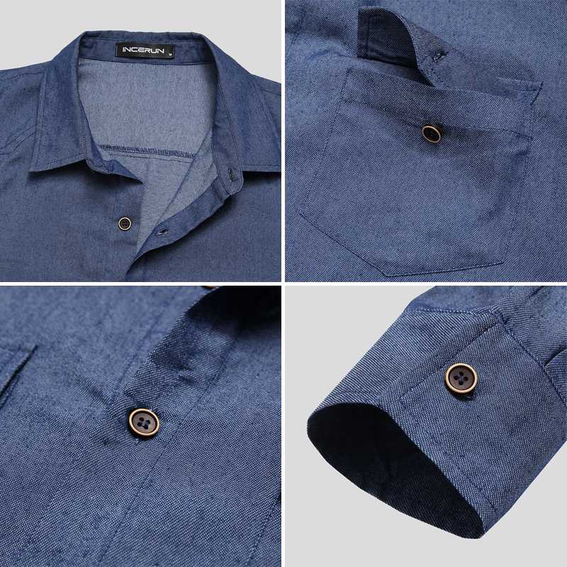 Incerun män jeansskjorta långärmad turn down krage streetwear tunna toppar arbetsskjortor höst chica fickor camisas