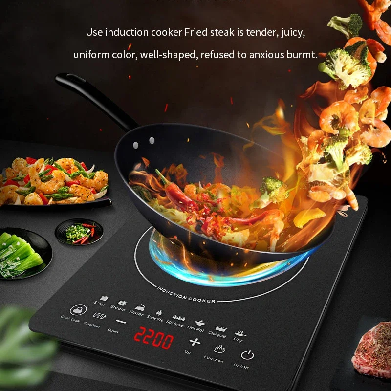 Estufa de inducción multifuncional para cocinar en casa, 110V ~ 220V, Control táctil, 2200W, cocina de inducción inteligente temporizable y ahorradora de energía