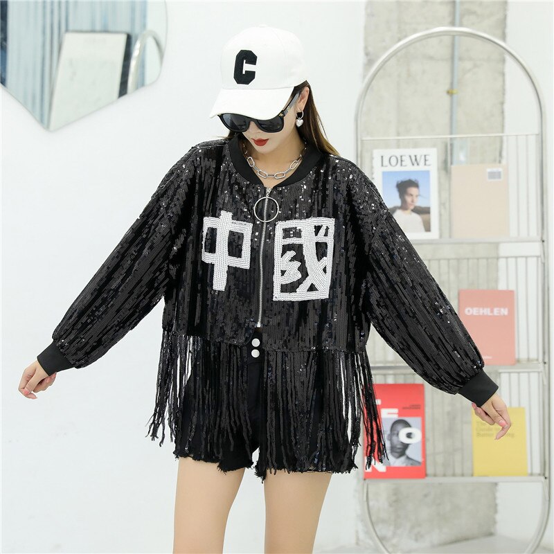 Veste à paillettes pour femmes, Streetwear, Hip Hop, couleur unie, automne, pompon, Patchwork, manteau, col rond, vêtements d&#39;extérieur amples bling-bling: Black