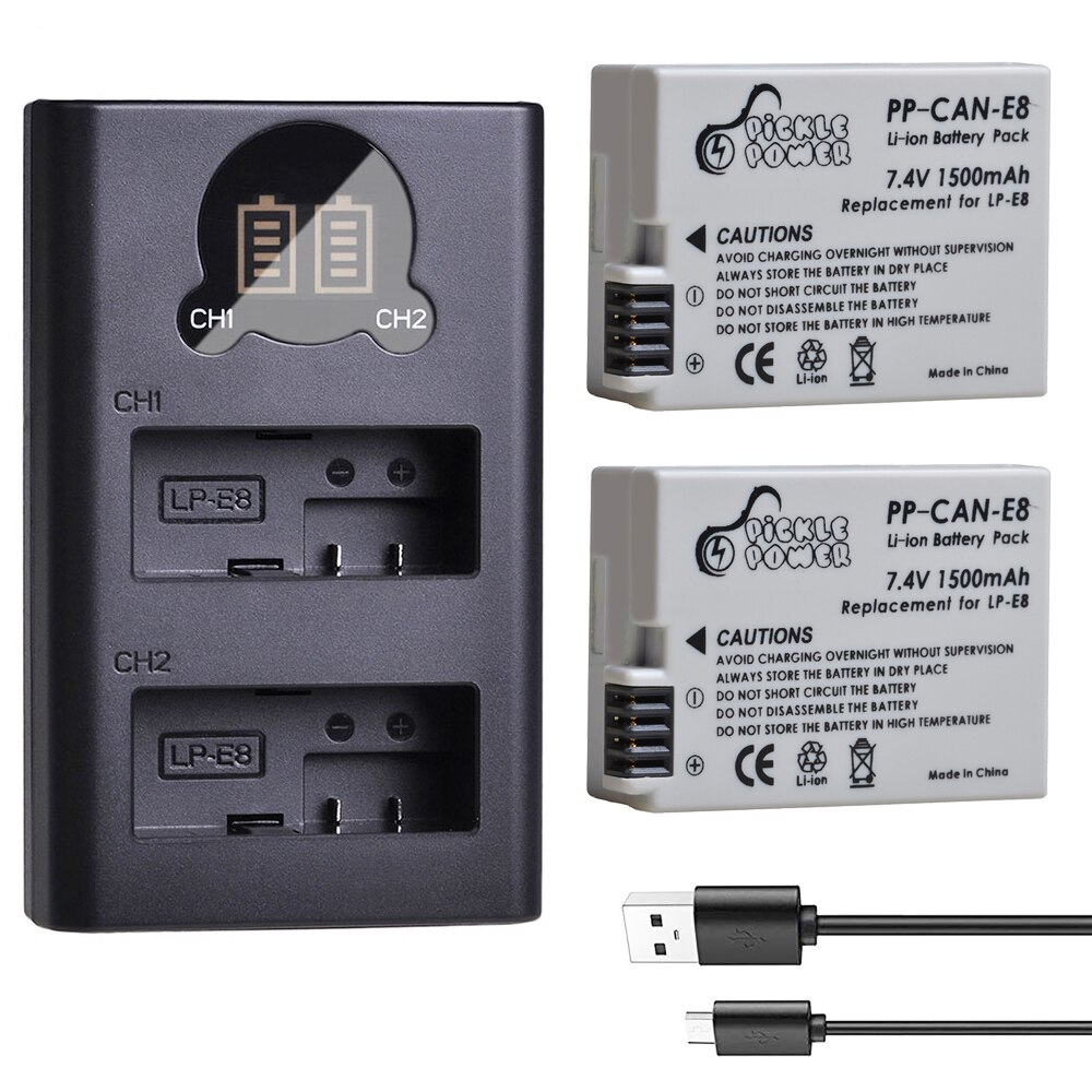 2 uds. LP-E8 LPE8 LP E8 batería recargable y cargador Dual LED para Canon EOS 550D 600D 650D 700D X4 X5 X6i X7i T2i T3i T4i T5i.: Charger and 2Battery