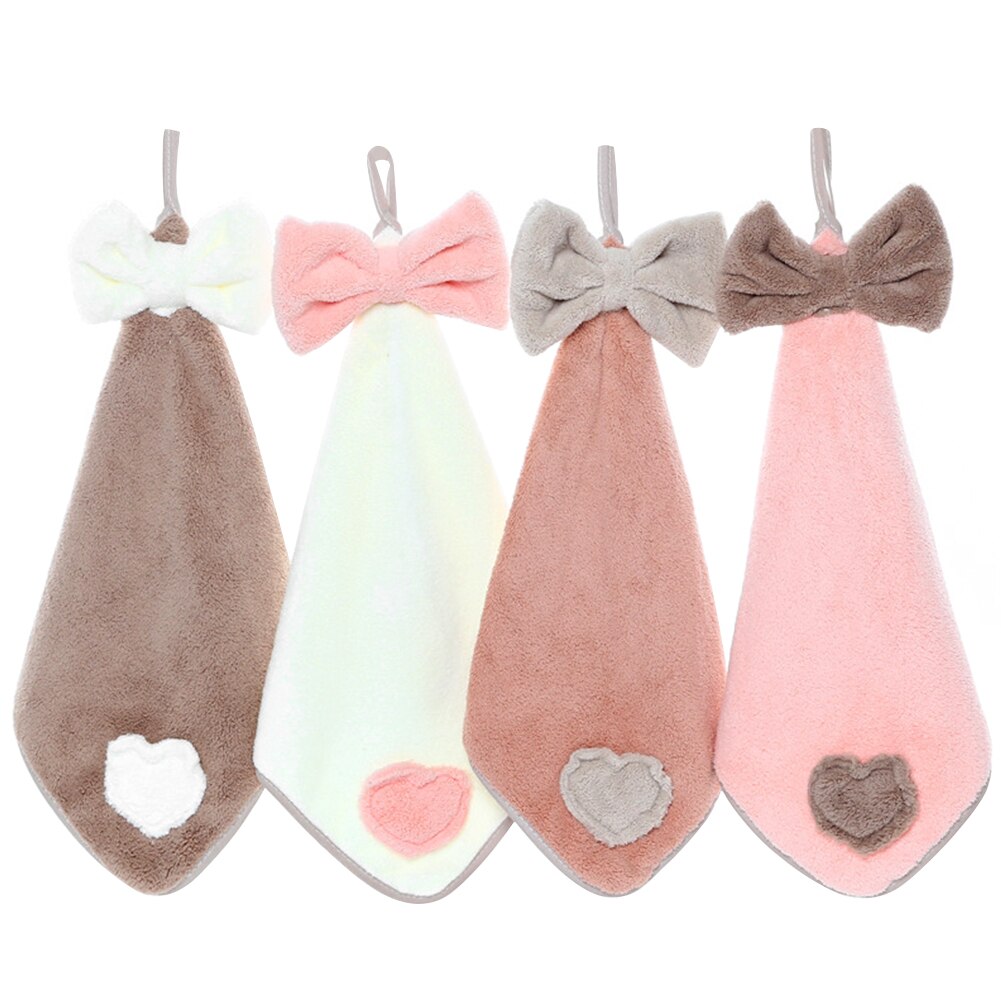 4 Stuks Zachte Absorberende Badkamer Keuken Leuke Strik Home Wipe Coral Fluwelen Snel Droge Handdoek Opknoping Wassen Vaatdoek Rag