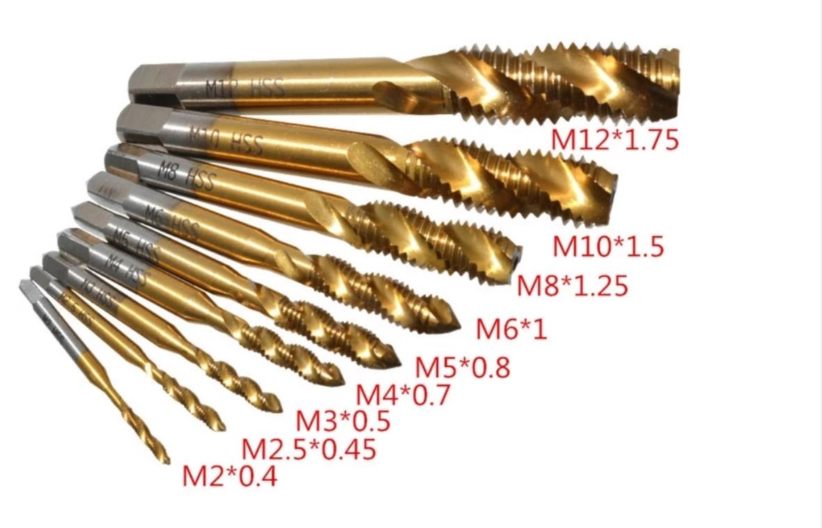 9Pc M2-M12 HSS6542 Titanium Coated Draad Tap Boor Metric Hss Spiral Gecanneleerd Machine Schroef Tap Spiraal Wees Kranen