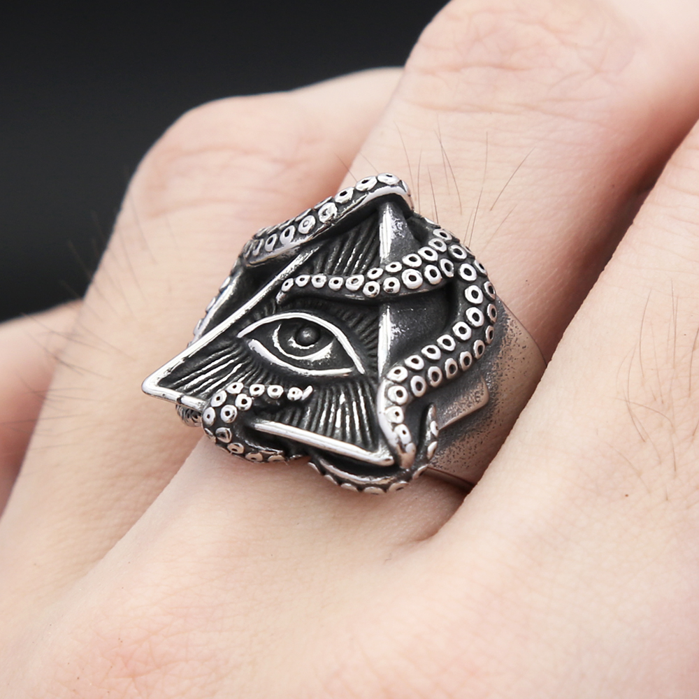 Vintage Domineering Masonic Octopus Eye Rings For Men Women 316L Stainless Steel Punk Biker Jewelry