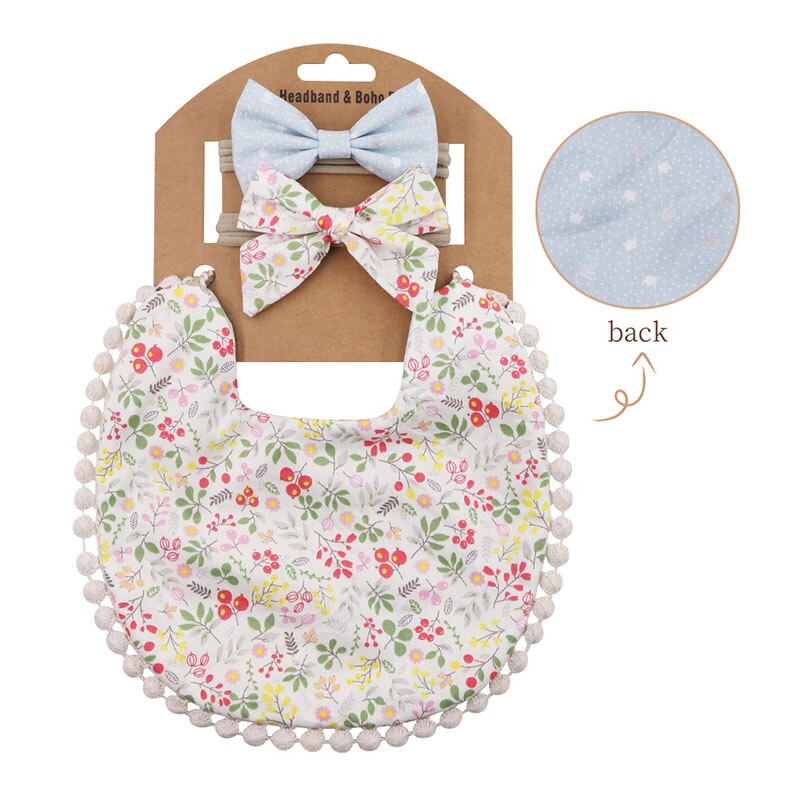 Babadores de algodão para bebês com estampa de flores, 3 peças, conjunto de avental para crianças e meninas, panos para arrotar, turbante, material de alimentação: style2