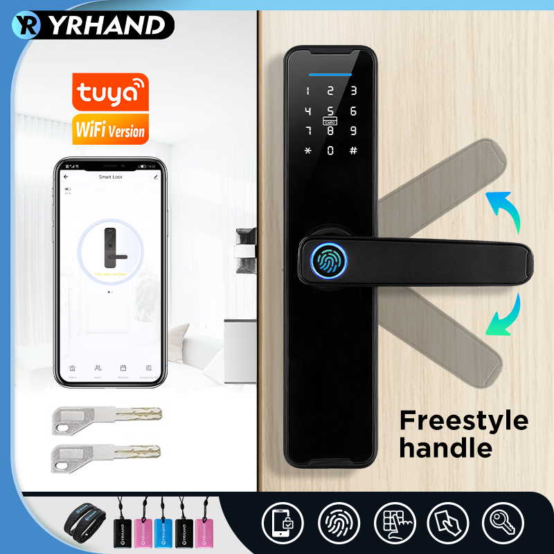 YRHAND-cerradura inteligente K7, cerrojo biométrico negro, aplicación Tuya, desbloqueo remoto, sin llave, wifi, cerradura electrónica para puerta