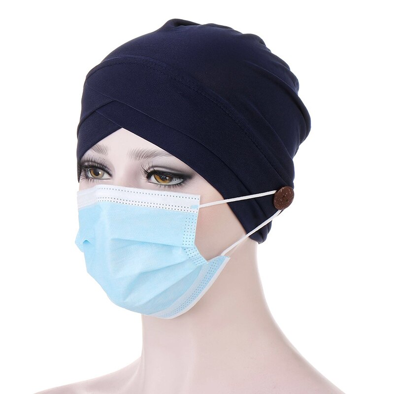 Turbante elástico de algodón para mujer, gorro de bufanda, gorro interior, gorro de enfermera con botón, oferta: Azul marino