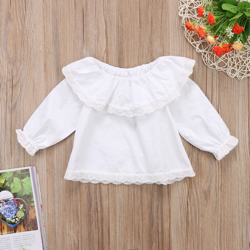 Bambino Appena Nato Del Bambino Delle Ragazze Della Principessa Del Merletto Del Collare Maniche Lunghe Solido Bianco T-Shirt Top Vestiti