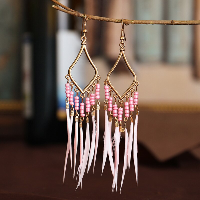 Hippie Vrouwen Geometrische Lichtmetalen Lange Tassel Dangle Oorbellen Bohemian Boho Sieraden Kleurrijke Feather Oorbellen Brincos Bijoux