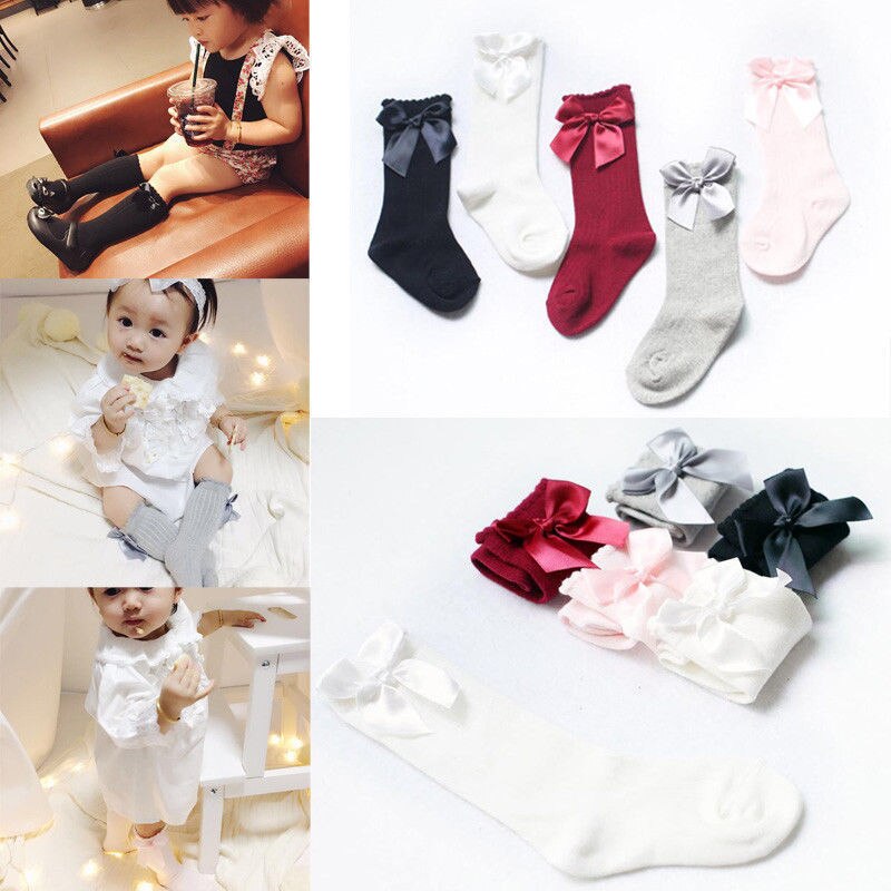 0-4Y Infant Baby Girl Socks Knee High Bows Princess Socks Cute Long Tube Booties Socks 5 Colors