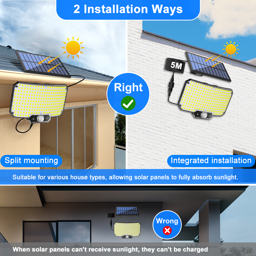 Zonne-verlichting 234 LED-beveiligingsverlichting op zonne-energie Buitentuin Bewegingssensor 3 modi Waterdicht Split Solar Flood Wandlampen Garage