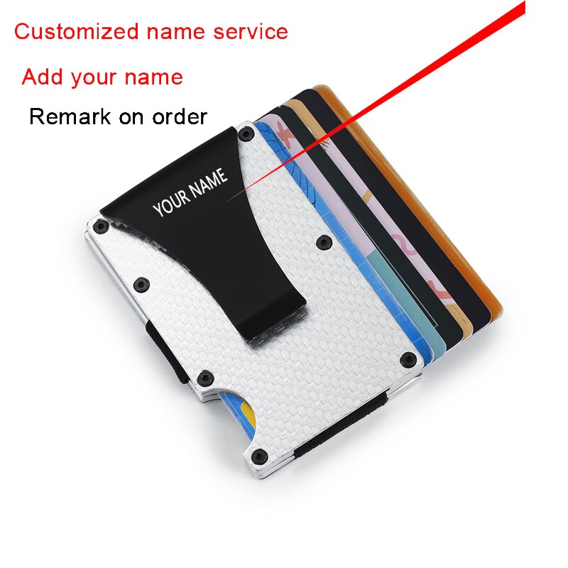 Slim Aluminum RFID Magic Wallet Carbon Fiber Card Holder fit 6 Bussiness Cards for Women& Mens: Silver add name