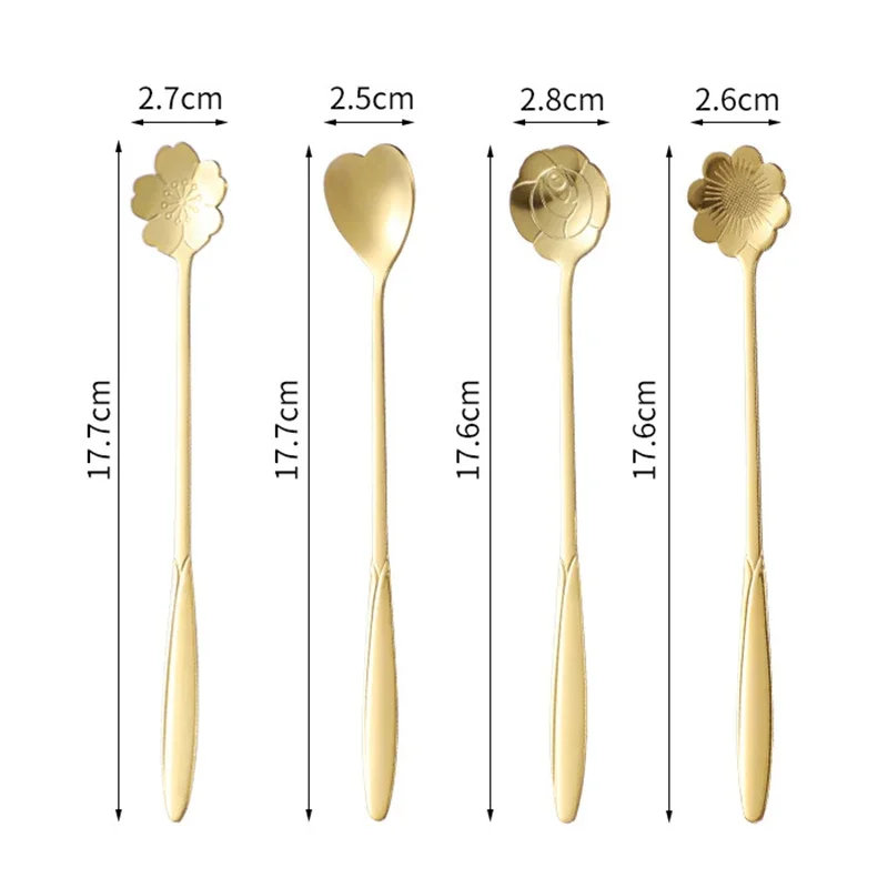 Cucharas largas de acero inoxidable para postre, cuchara de flores de 4 piezas, mango largo dorado, cuchara mezcladora para café y pastel, accesorios de cocina