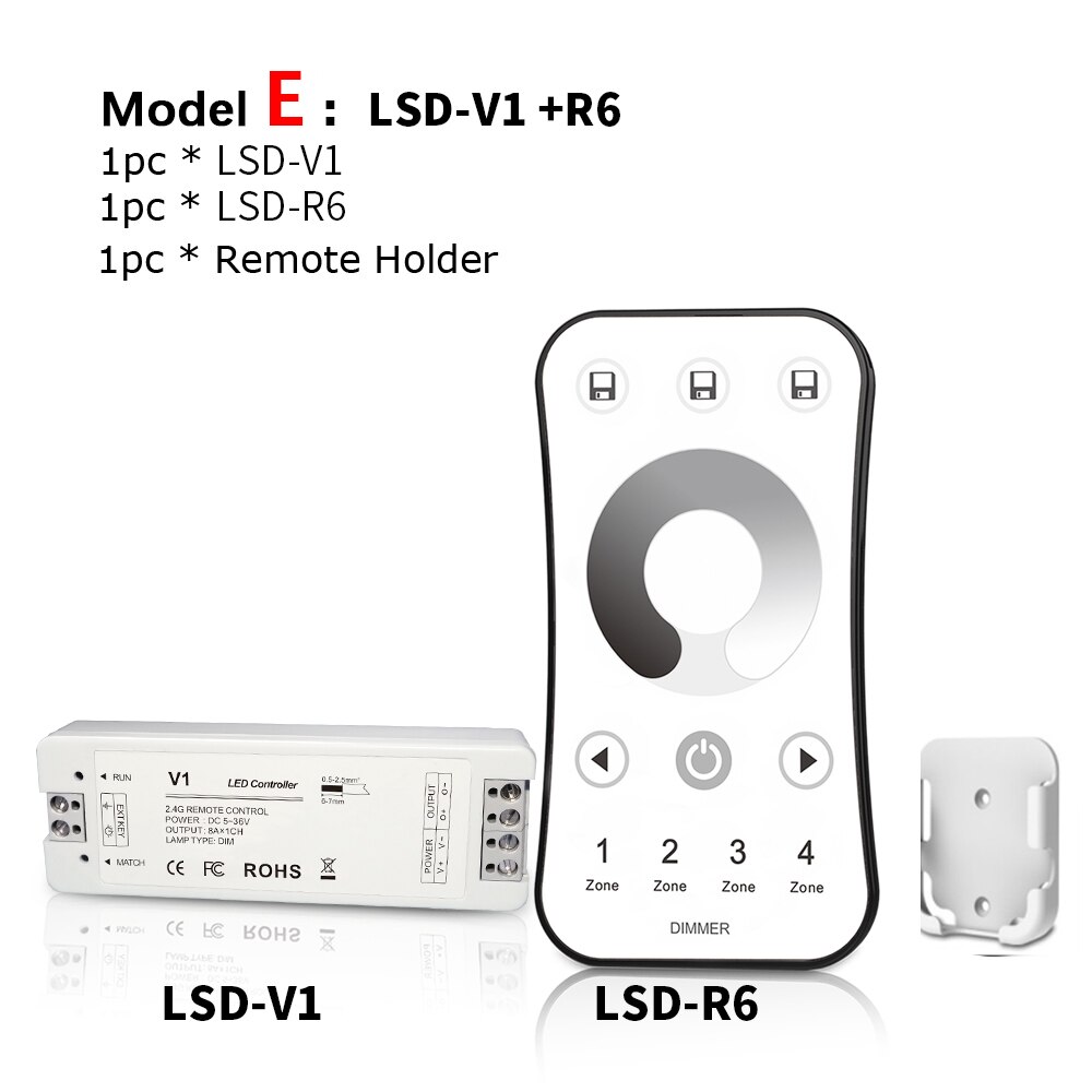 Lisxchda-regulador de intensidad LED, 12V, 5V, 24V, 36V, 8a, PWM, inalámbrico, regulador de intensidad con encendido apagado, con mando a distancia de 2,4G para cinta de LED de único Color: E Model