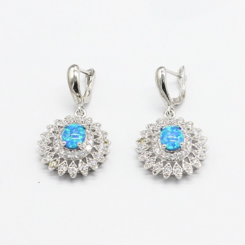Zilveren sieradensets met blauwe opaal voor dames, kettinghangers, oorbellen en hemelsblauwe kristallen zirkonia armbanden
