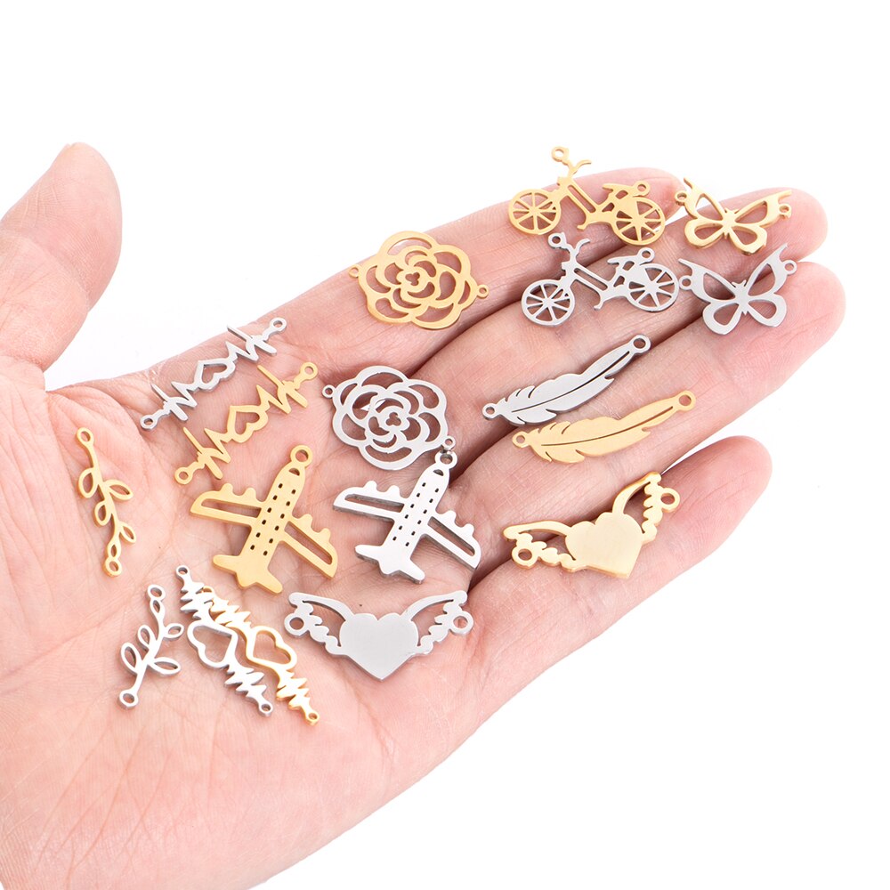 10pcs Stainless Steel Gold Charm Connectors Flower/Bike/Aircraft/Feather Shape Pendant Links For Jewelry Making