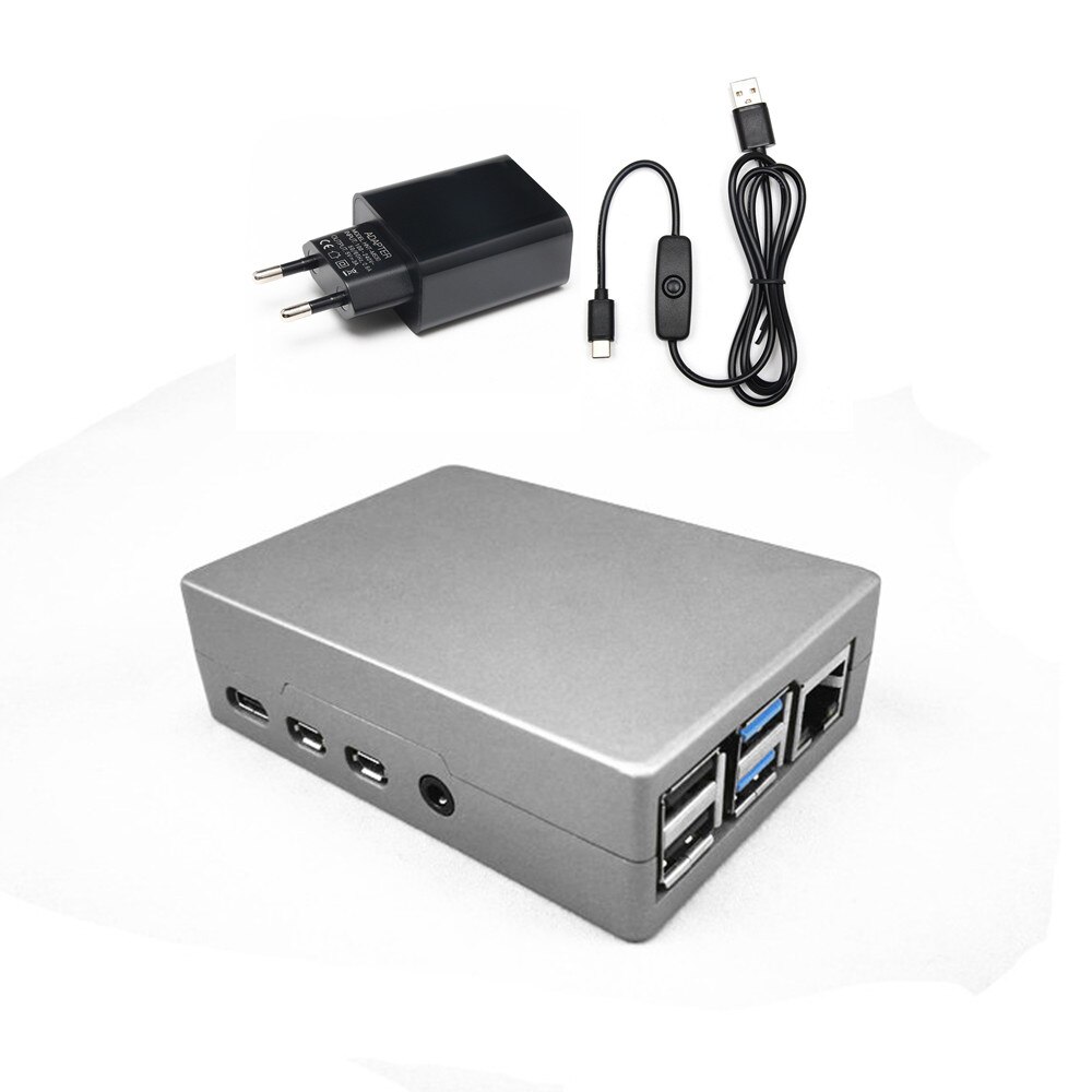 Raspberry PI 4 Case Kit Aluminum Case 5V 3A Power Adapter 64G Micro SD Card Micro HDMI Cable For Raspberry Pi 4 Model B: Gray with Power
