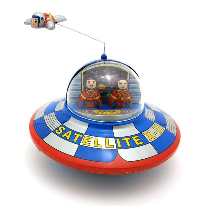 Clockwork Windup Flying Saucer Space Ship Retro Tin Toy Home Decoration LBV