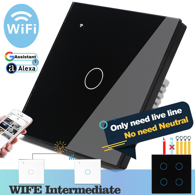 (No need neutral) WIFI Touch Light Wall Switch Black Glass Blue LED Smart Home Phone Control 1 Gang 2 Way Alexa Google Home