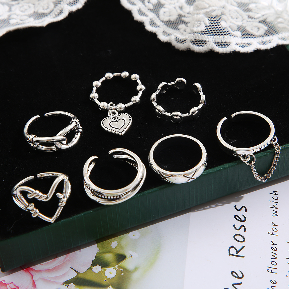7 stks/set Mode Hart Ketting Ring Set Voor Vrouwen Metaal Zilver Kleur Geometrische Holle Vinger Ring Trendy Sieraden 2023