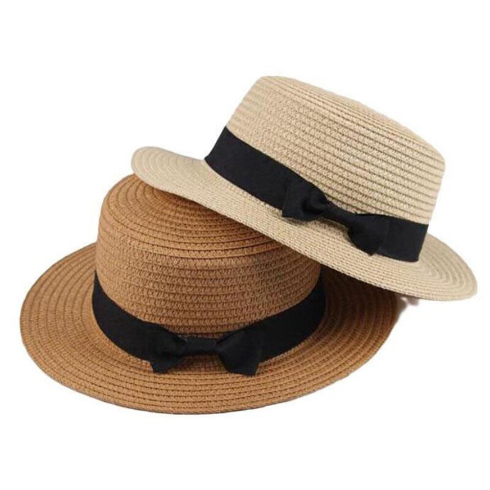 Simple Summer Parent-child Beach Hat Female Casual Panama Hat Lady Women Flat Wide Brim Bowknot Straw cap girls Sun Hat
