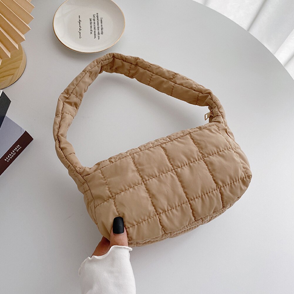 Lattice Pattern Shoulder Bag Space Cotton Handbag Women Large Capacity Tote Bags Feather Padded Ladies Quilted Shopper Bag: 24x14x10cm Camel