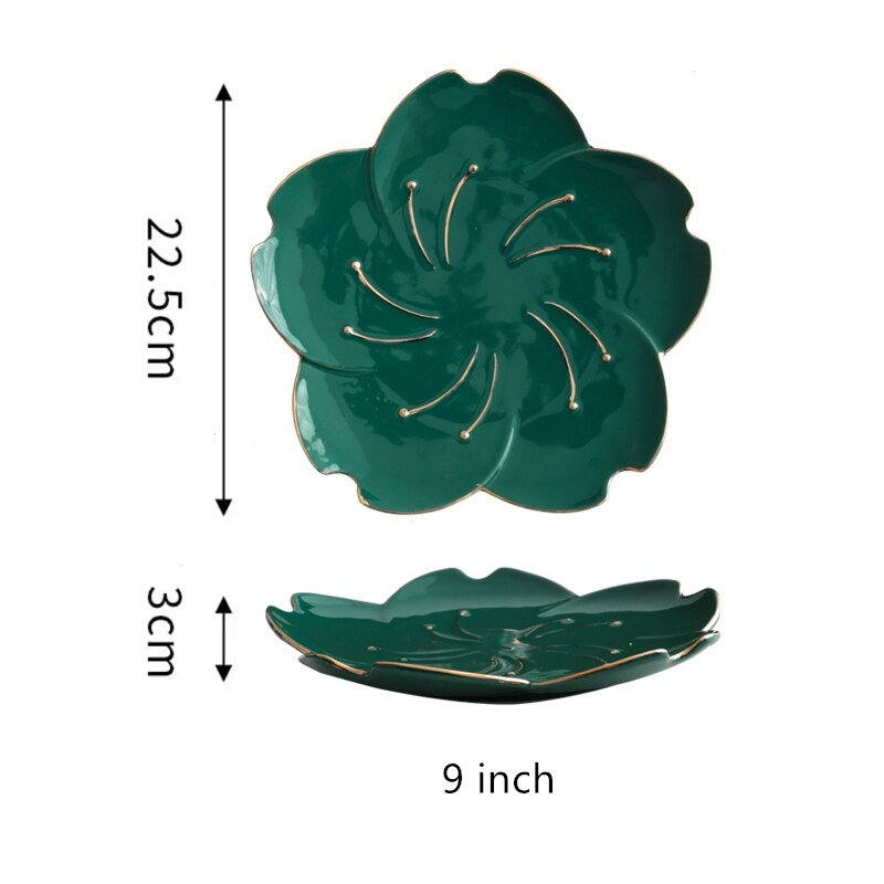 Green Ceramic Tableware Salad Bowl with Gold Edge Flower Shape Plate Chinaware Dim Sum Dishes Steak Western Food Flavor: 9 inch