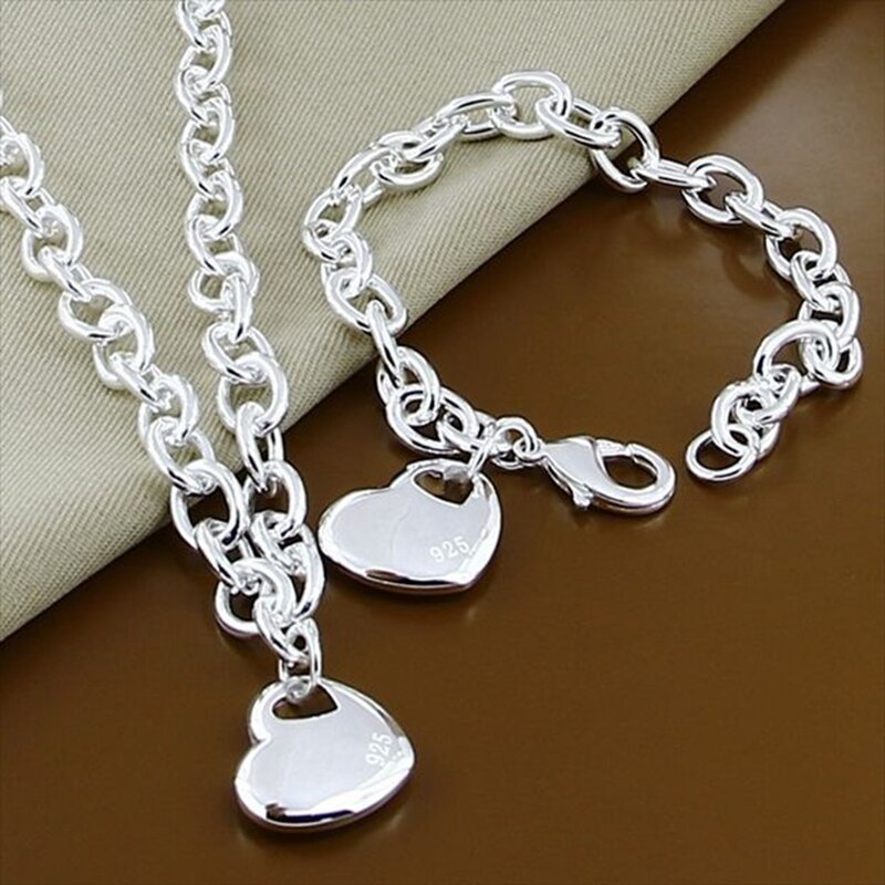 Jewelry Set 925 Sterling Silver Heart Small Chain Necklace Bracelet Set Woman Man Fine Jewelry
