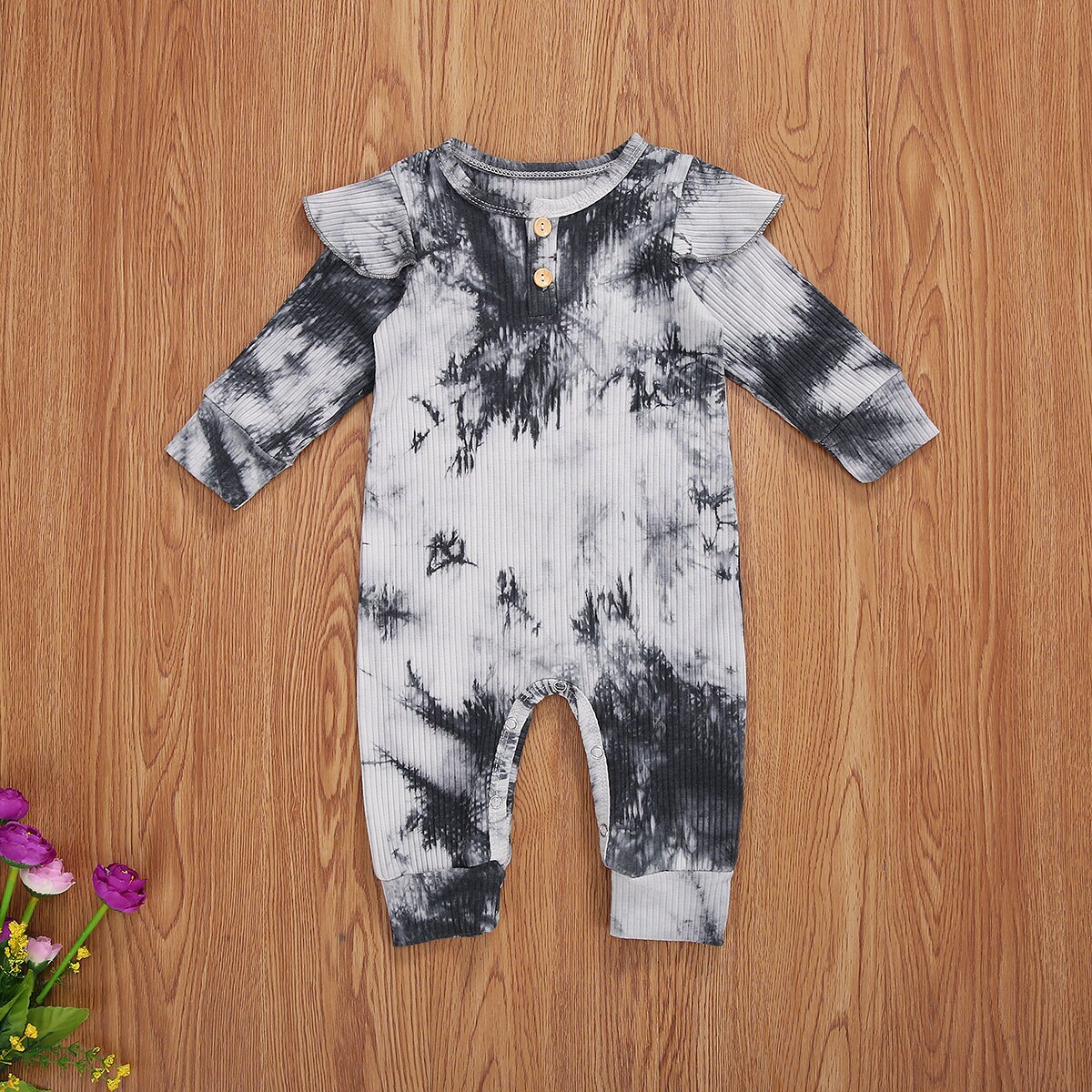Focusnorm Tie-Dye Gedrukt Baby Meisjes Jongens Rompertjes Lange Mouwen Kleurverloop Knop Geribbelde Sluiten Lente Kleding