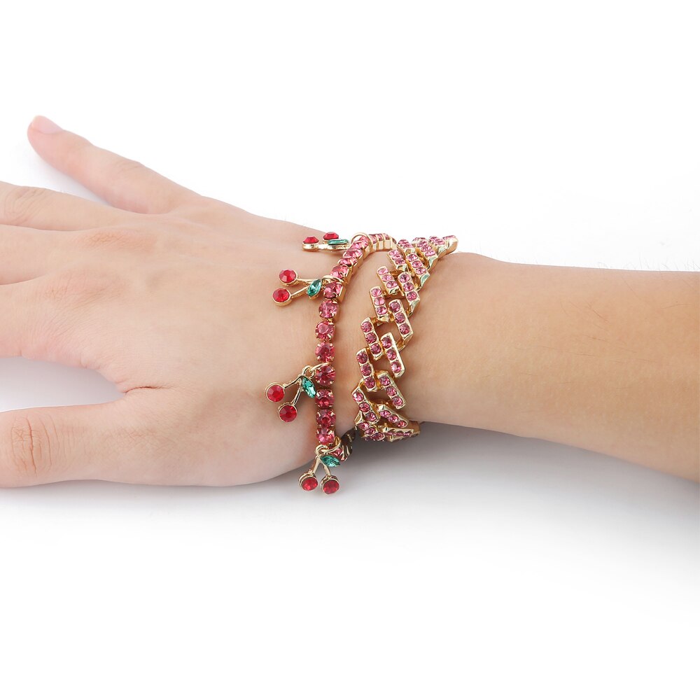 Cuban Link chain Bracelet set Iced Out Rhinestone Cherry Bracelets for Women Luxury wrist chains Crystal Jewelry